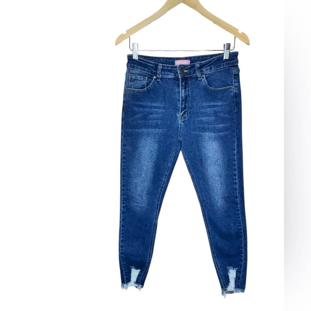 Bamboo Jeans Mid Rise Raw Frayed Hem Jeans Distressed Blue Size 11